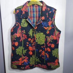 Vintage Quilted Vest Women’s Reversible Floral Plaid Handmade Fits M